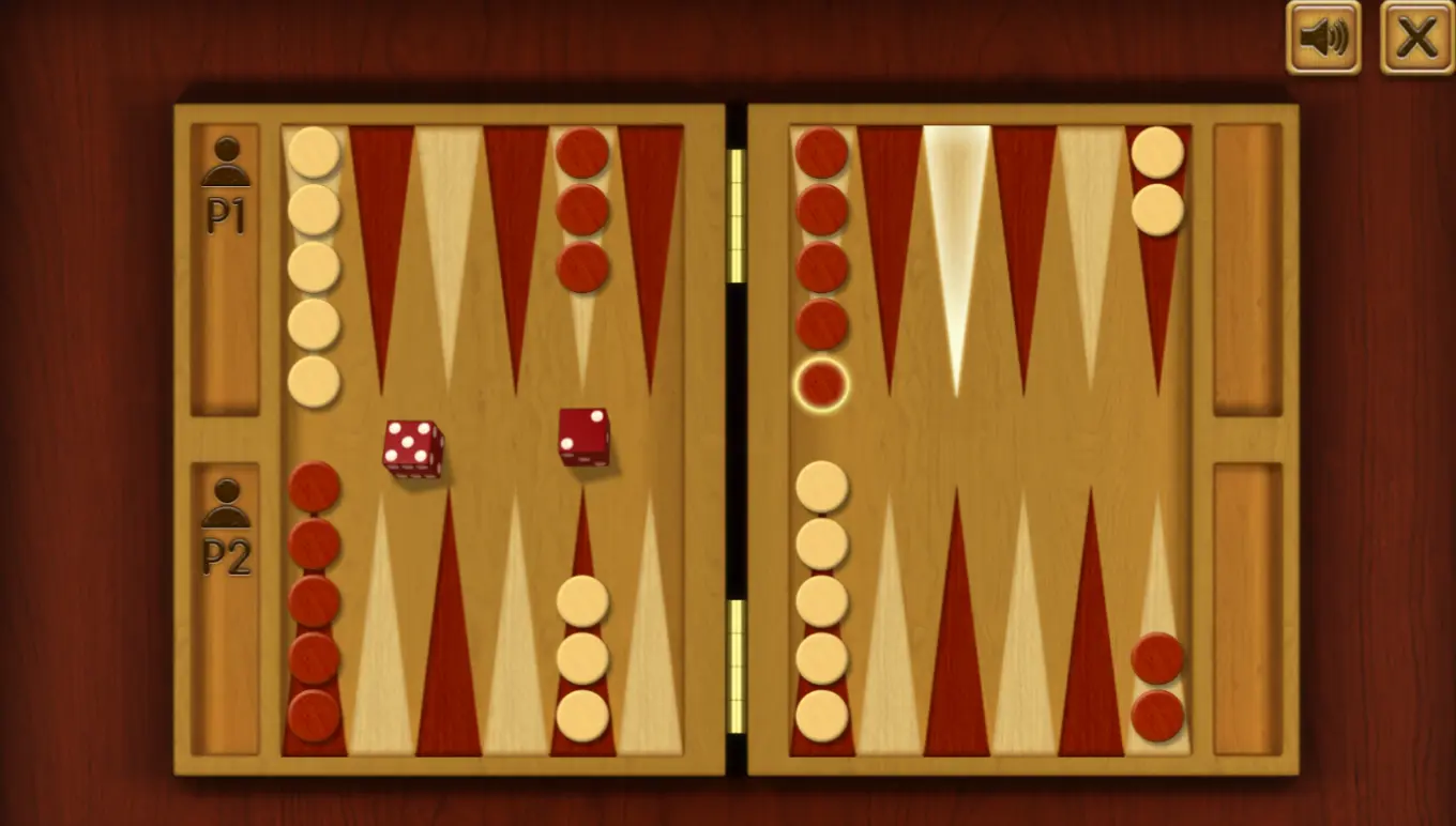 Backgammon gameplay board after the dice are rolled, illustrating checker movement